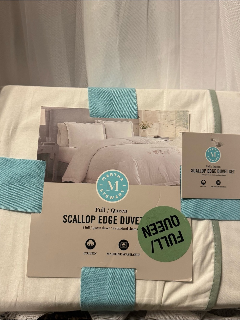 Martha Stewart White Duvet Set Cover with Green Trim